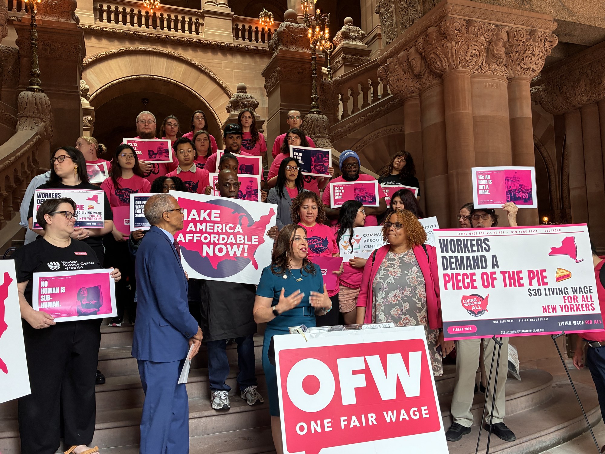 Asm. Jessica Gonz&aacute;lez-Rojas and Sen. Robert Jackson speak at the Living Wage For All NY Coalition Albany Lobby Day on the Million-Dollar Staircase